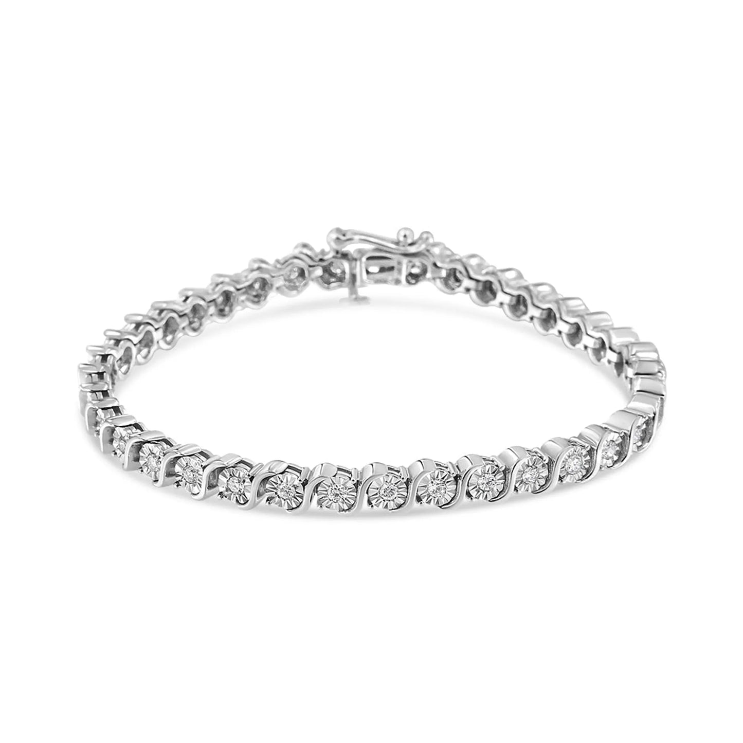 14K White Gold 1.00 Cttw Lab Grown Diamond Round Miracle Plate and "S" Link Tennis Bracelet (F-G Color, VS2-SI1 Clarity) Size 7"