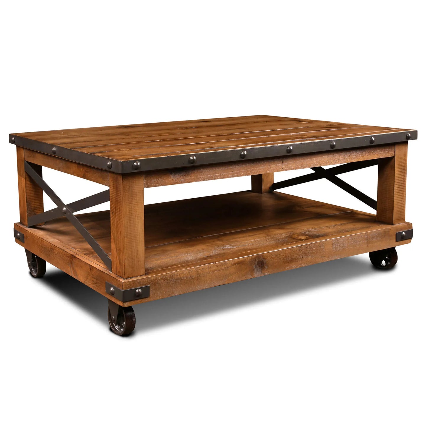 Sunset Trading Rustic City Coffee Table | Cocktail Table| Shelf | Wheels